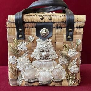 Handcrafted Woven Basket Bag with Poodle Design